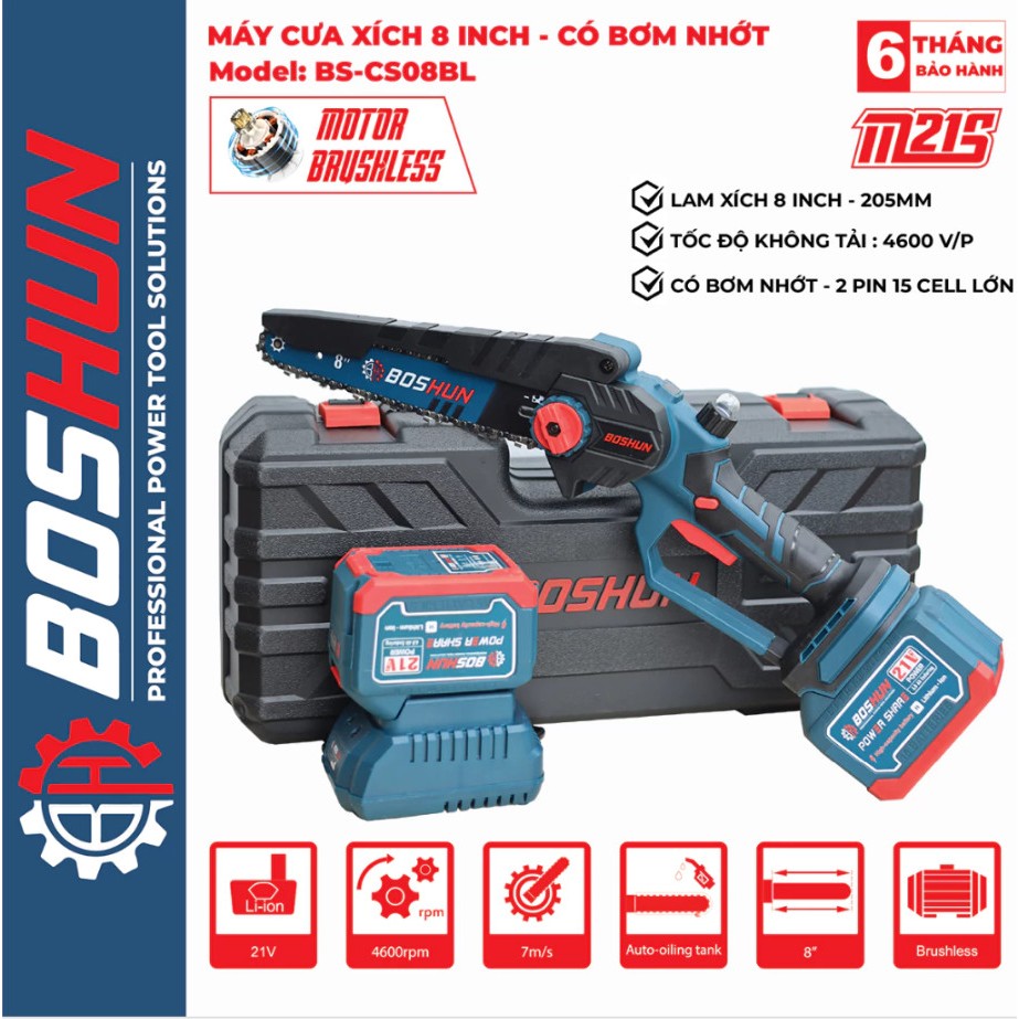Máy Cưa Xích Dùng Pin BOSHUN BS-CS08, Có Tra Nhớt, Có Led Báo Pin, Chân Pin Phổ Thông - Không Chổi Than