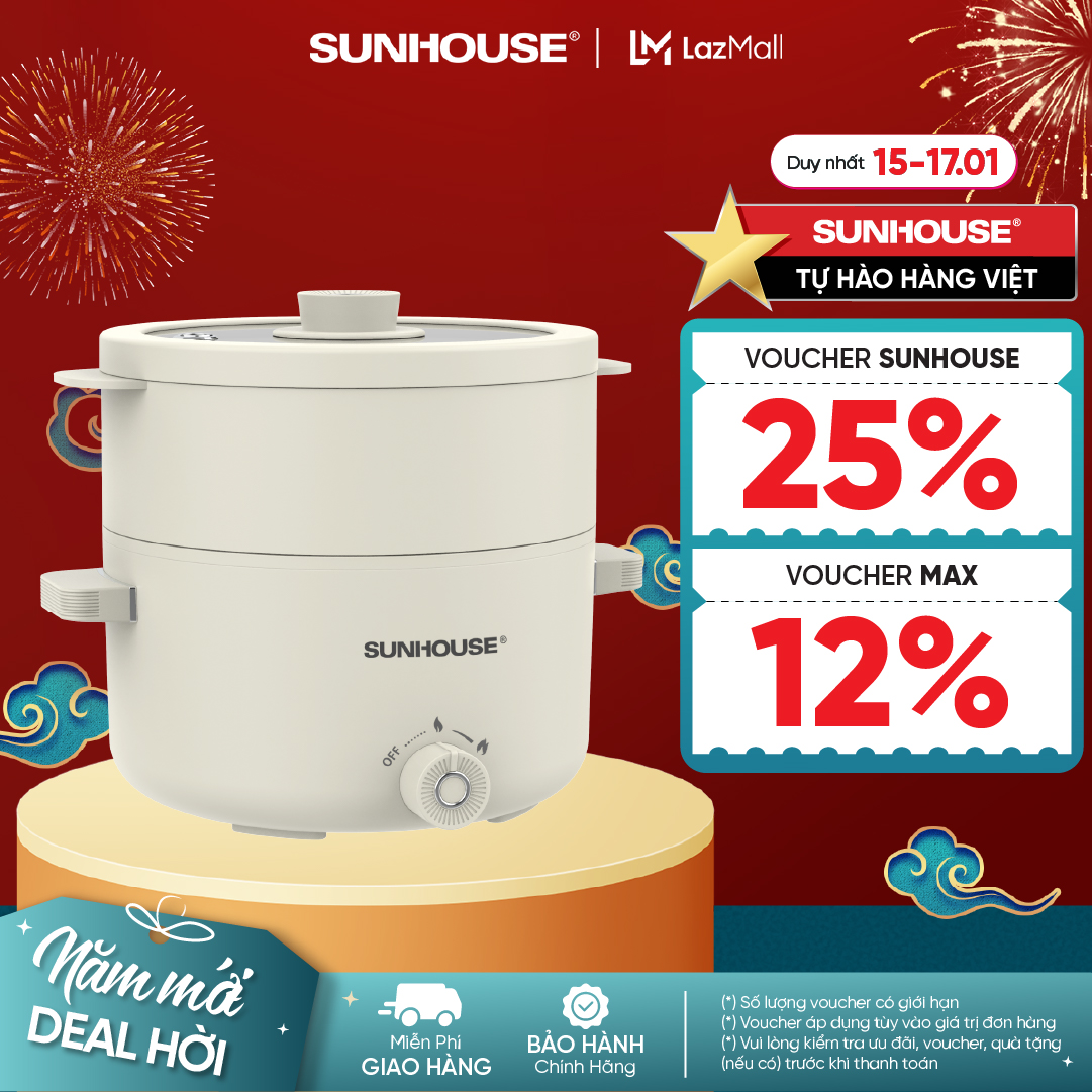 Lẩu điện mini đa năng Sunhouse SHD4516/SHD4517 - Đa năng 4in1 - Lòng nồi inox 304 - Tích hợp tay cầm - Gia nhiệt trực tiếp