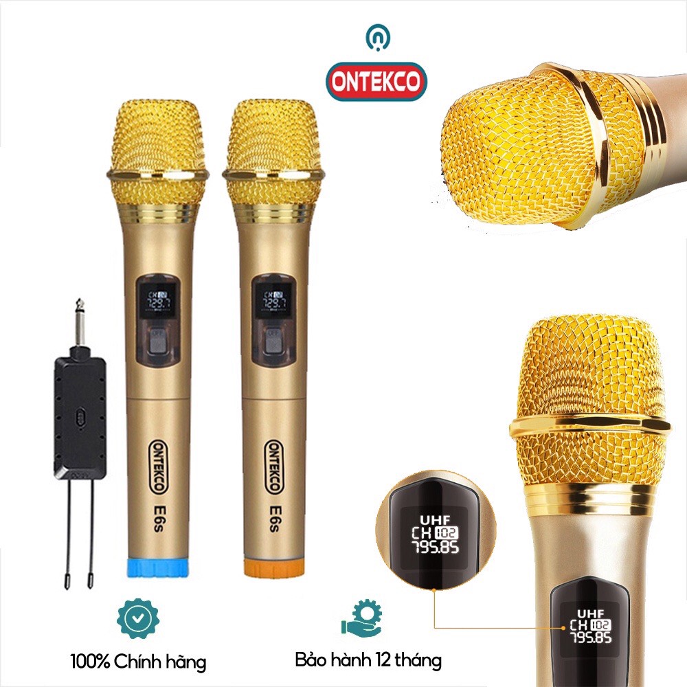 Bộ micro không dây Karaoke Ontekco E6s Cao cấp, Chuyên loa kéo, Amply