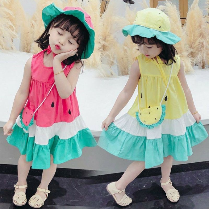 Váy dưa hấu xoè tặng kèm túi và mũ cho bé