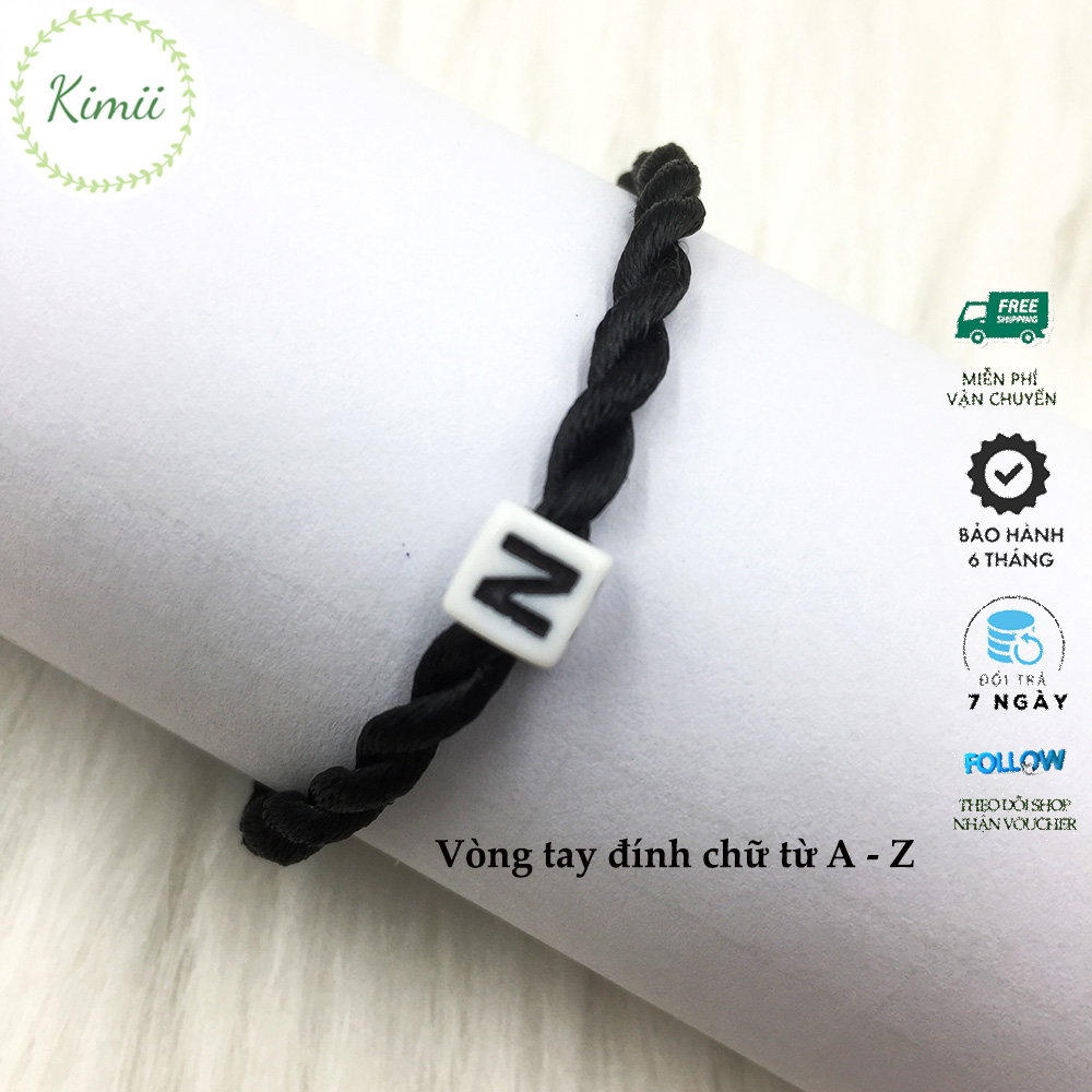 Vòng tay dây tim may mắn màu đen đính chữ cái theo tên V135, Vòng tay phong thủy, Vòng tay handmade