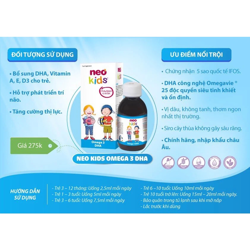 Siro Omega 3 DHA Neo Kids Chai 150ml - Hỗ Trợ Bổ Sung DHA Vitamin Cho Trẻ