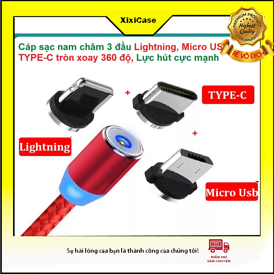Cáp sạc nam châm đầu từ tính hít nam châm 360 đầu tròn cổng lightn/ micro USB/ type C