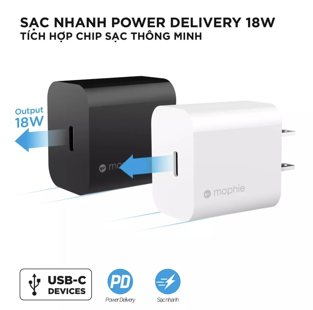 Combo Sạc nhanh Mophie Power Delivery 18W 1 USB-C - Cáp USB-C to Lightning mophie