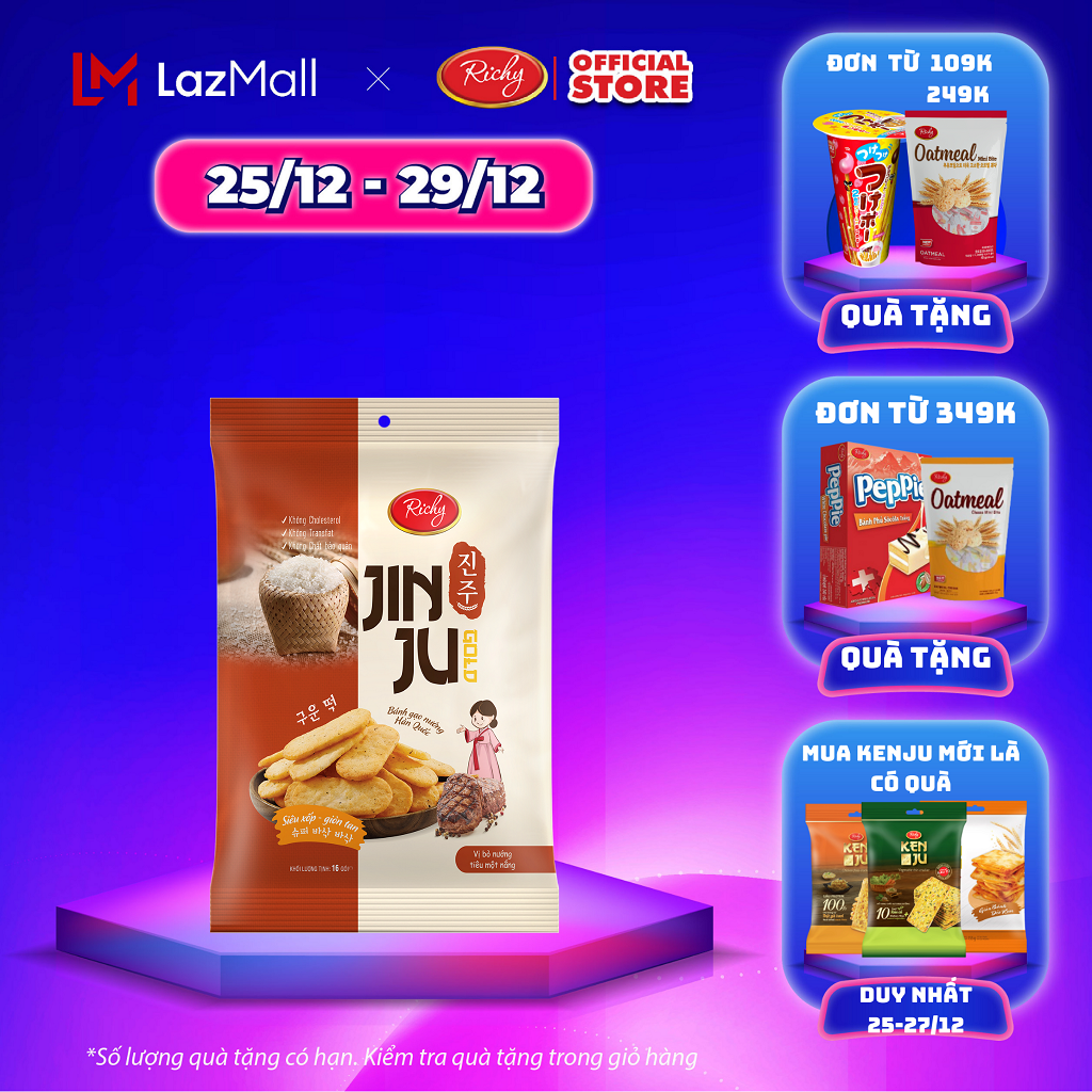 [SALE CUỐI NĂM 25-29/12] [MUA 3 GÓI JINJU TẶNG 1 GÓI TỰ CHỌN] Bánh gạo JINJU RICHY gói 134,4g, vị bò tiêu một nắng