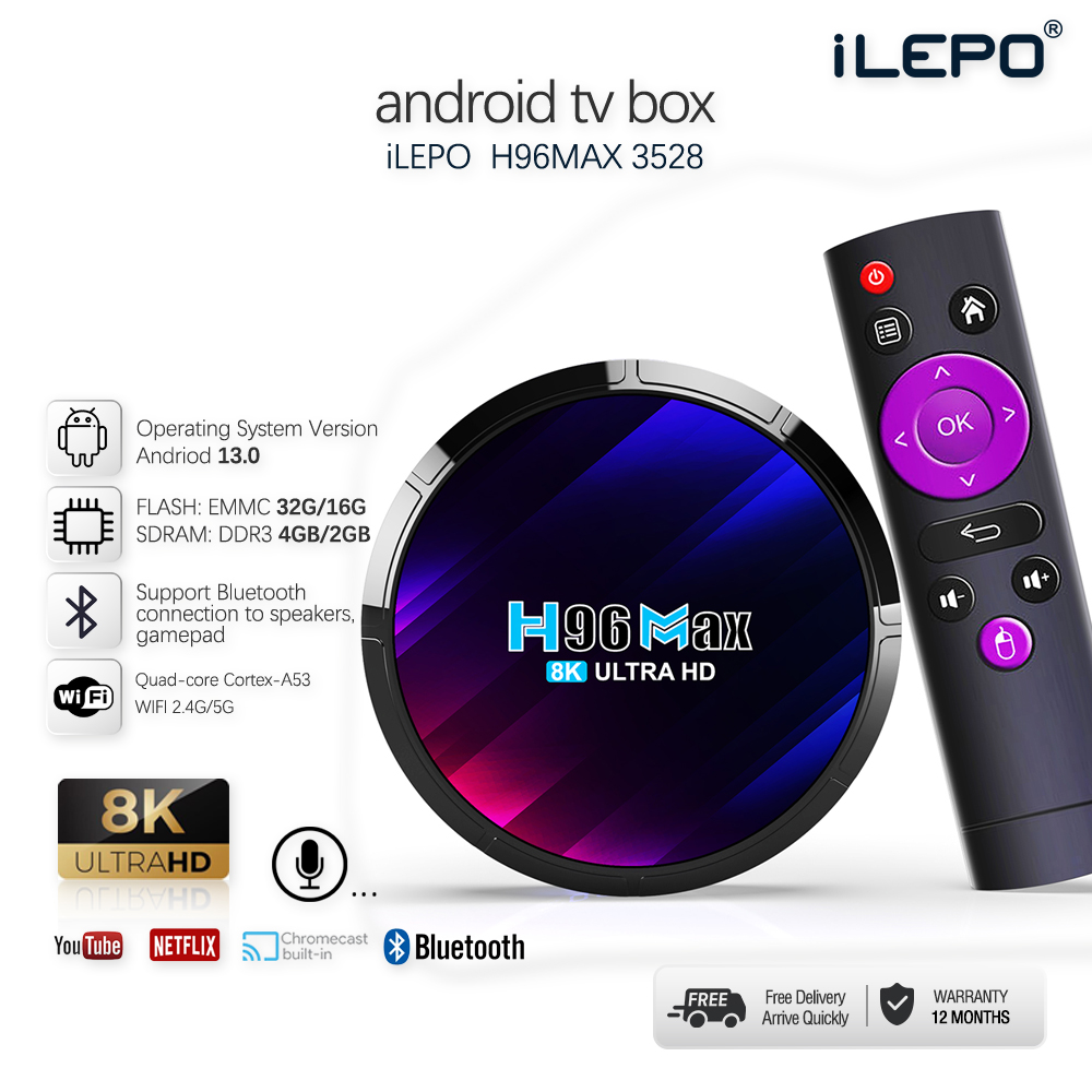 Tv box bộ nhớ 32G Ram 4G hỗ trợ Bluetooth 5.0 android 13.0 Rockchip 3528 độ phân giải 8K cực nét bảo hành 12 tháng H96MAX android tv box