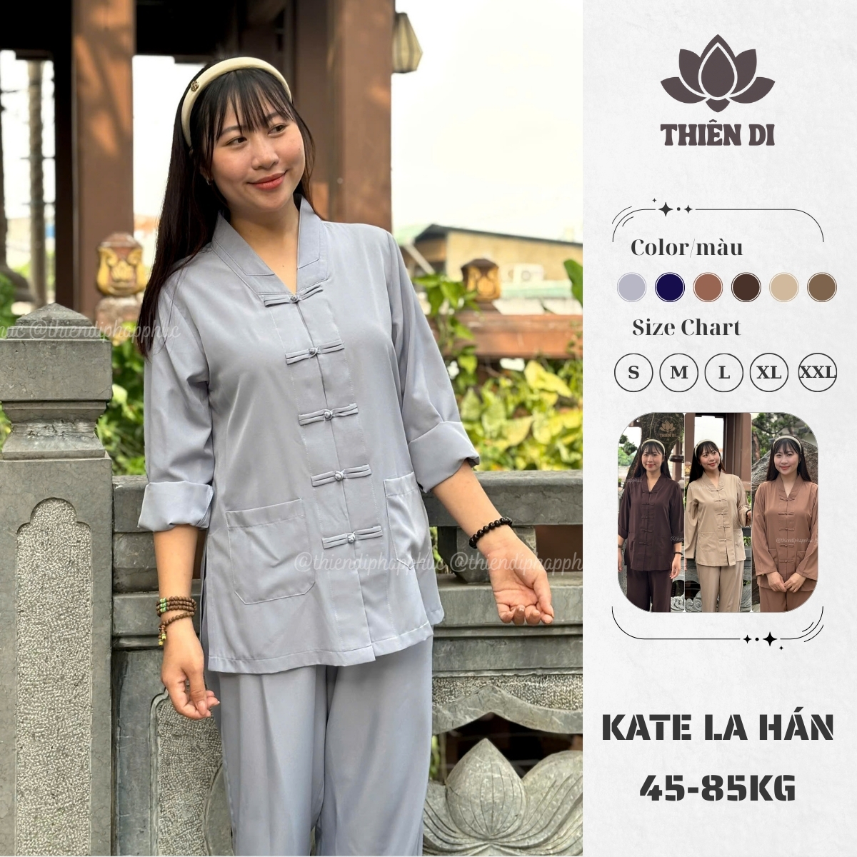Đồ lam đi lễ chùa kate lụa cho nam nữ la hán bigsize pháp phục lãnh tụ tay dài đi chùa Thiên Di D22