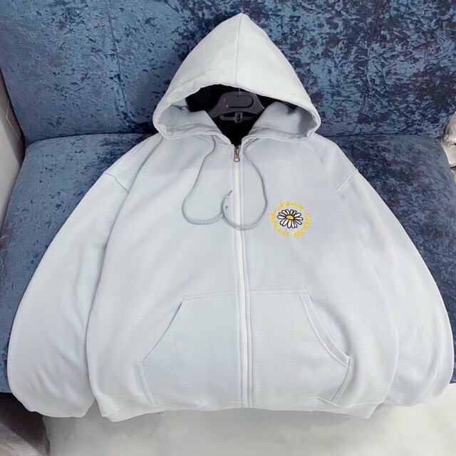 Áo Khoác Nỉ Nữ Nam Hoodie Form Rộng Tay Dài Kéo Khóa Mũ Chùm Đầu In FloralfunHoa Cúc + Style Hàn Quốc Chất Nỉ Bông