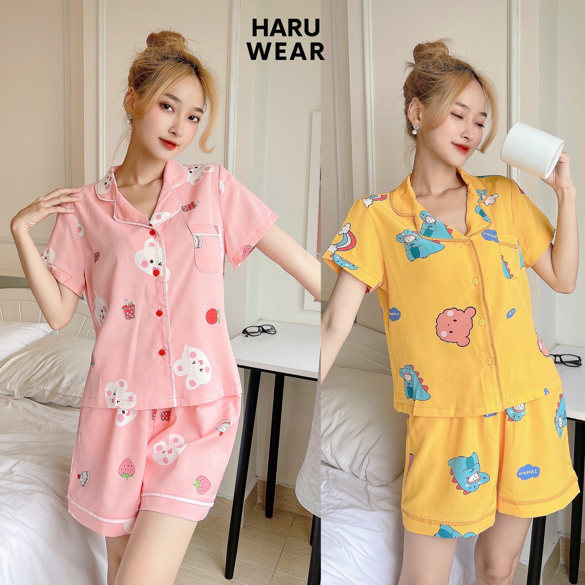 Bộ đồ nữ mặc nhà, đồ bộ pijama nữ ngắn tay quần lửng haruwear p001
