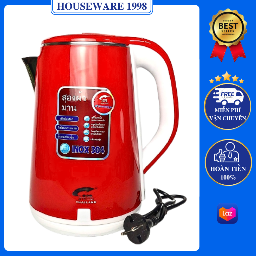 Bình đun siêu tốc thái lan - ấm siêu tốc 2 lớp 2.5l bảo hành 12 tháng - houseware 1998