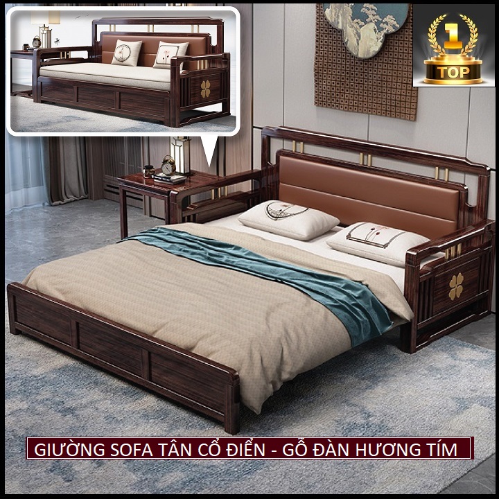 Giường sofa thông minh phong cách tân cổ điển. kt 1m68 x 1m91. ghế sofa giường cao cấp. giường sofa gấp gọn toàn bộ khung, nan thép mangan - ốp gỗ đàn hương tím nhập khẩu. tặng kèm 2 gối