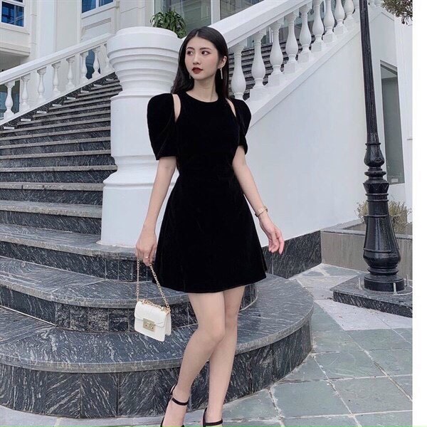 Đầm umi dáng xòe tay bồng chất nhung khoét vai siêu tôn dáng xinh xắn, váy nhung xòe hở vai dang chữ a quyễn rũ sang chảnh, đầm dự tiệc khoét vai xinh xắn mtb