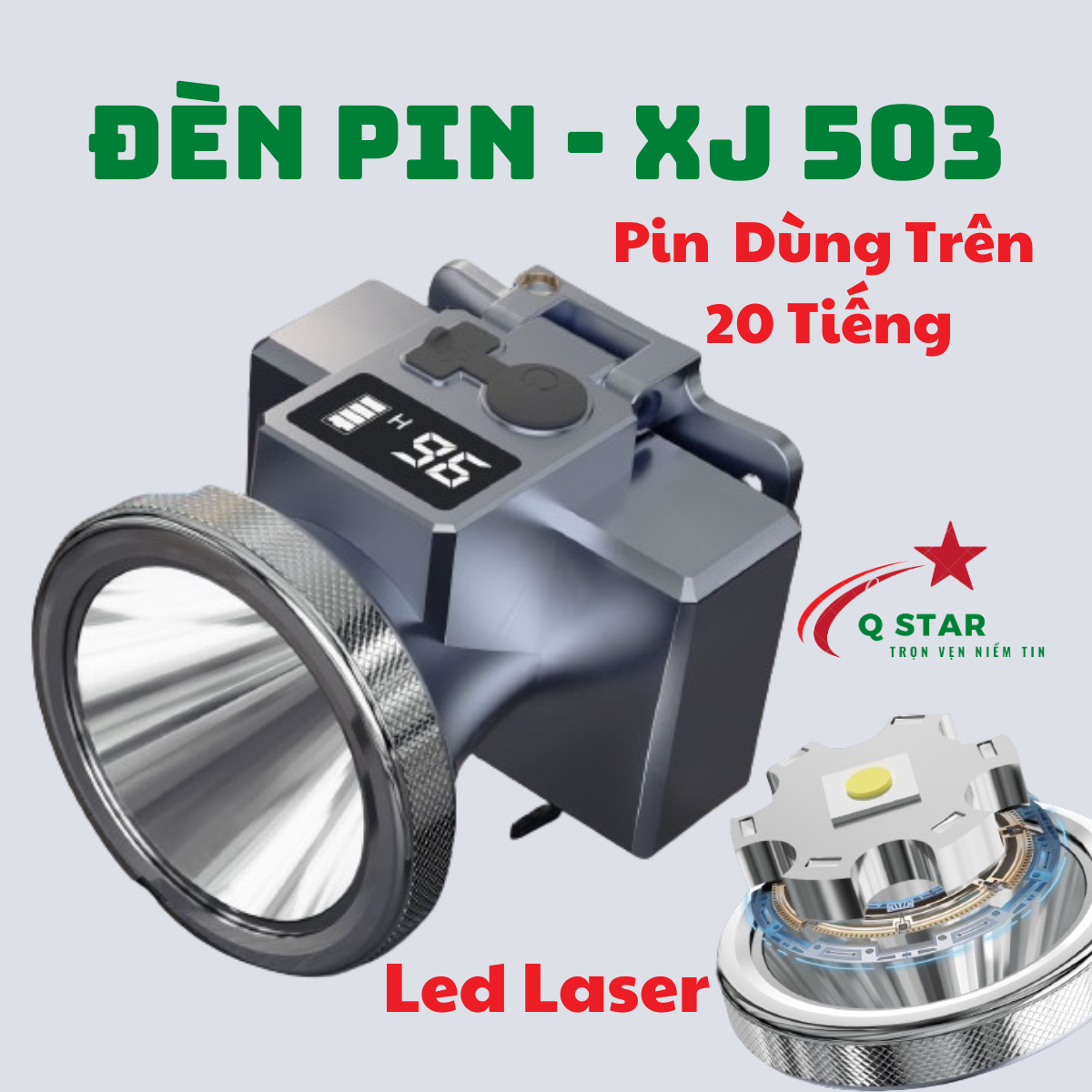 Đèn Pin Đội Đầu XJ 503 Pin Dùng Trên 20 Tiếng Led Laser Siêu Sáng Tích Hợp Báo Hiển Thị Thời Gian Sáng Pin 5200mah