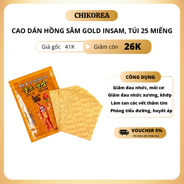 Cao Dán Hồng Sâm Hàn Quốc Insam Gold, Gói 25 Miếng - Cao Dán Sâm Giúp Giảm Đau Lưng, Đau Cơ,CHIKOREA