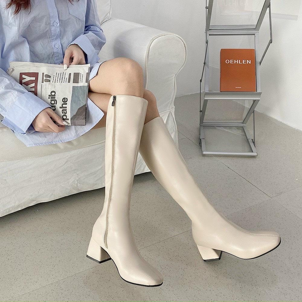 Giày bốt nữ cổ cao, bốt da nữ trơn kéo khóa