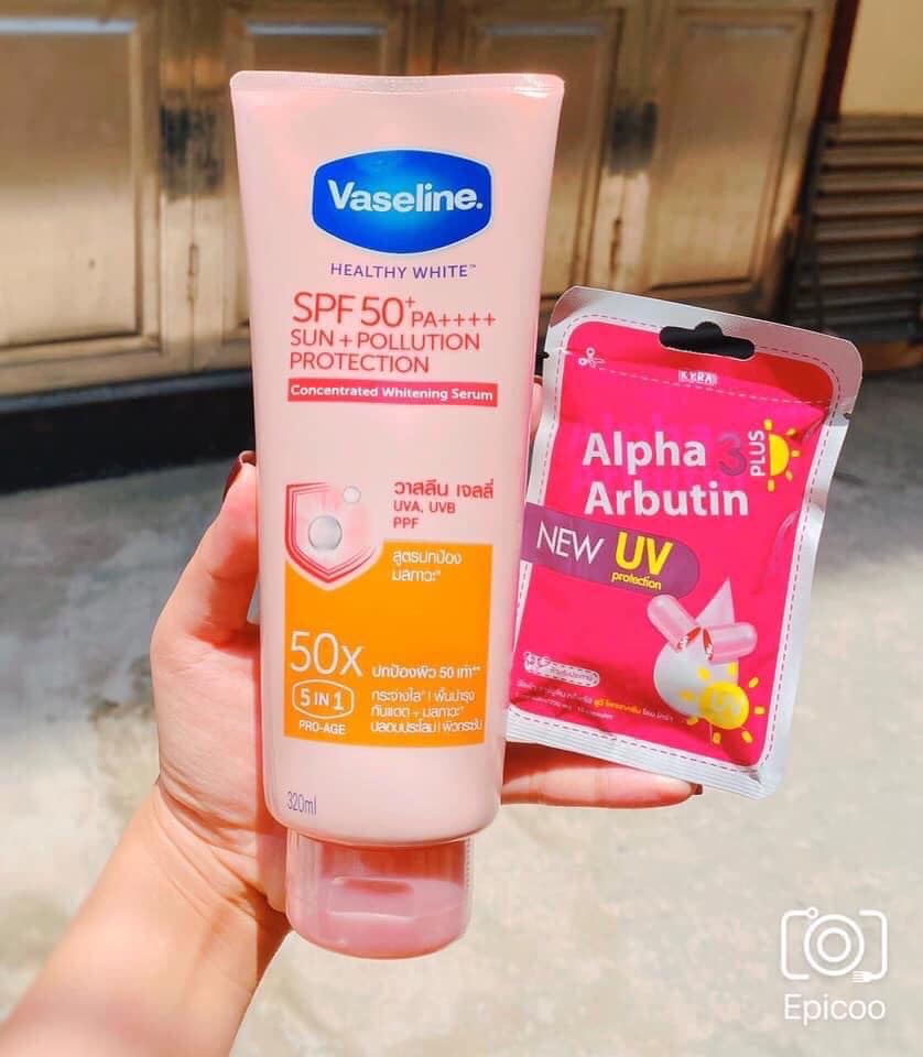 [HCM]Combo Sữa Dưỡng Thể Vaseline 50x chai 320ml Và Vĩ Kích Trắng Alpha Arbutin 3 Plus New UV Thái Lan - Dưỡng ẩm toàn thân trắng da