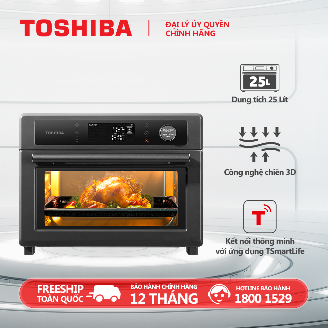 Lò chiên không dầu Toshiba 25 lít TL2-SAC25GZC(GR) - Kết hợp chức năng nướng, Công nghệ chiên 3D, Điều khiển cảm ứng, Kết nối thông minh với điện thoại. Hàng chính hãng, bảo hành 12 tháng, chất lượng Nhật Bản