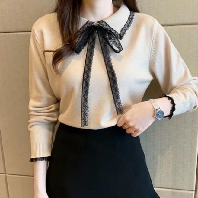 Áo len cổ sen viền ren nơ mềm mịn