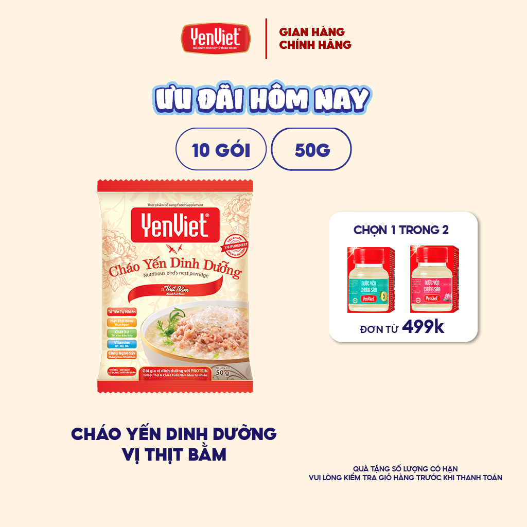 Cháo yến dinh dưỡng Yến Việt vị thịt bằm sấy thăng hoa, vitamin B, không bột ngọt, chất bảo quản 50g/gói