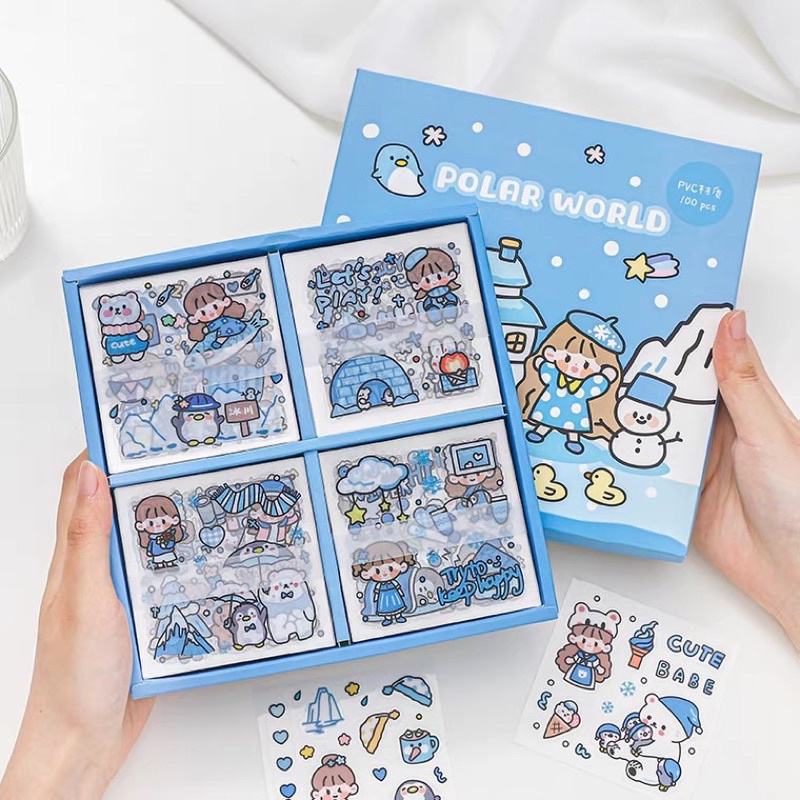 Sticker hộp 100 tấm cute Polar World (PVC)