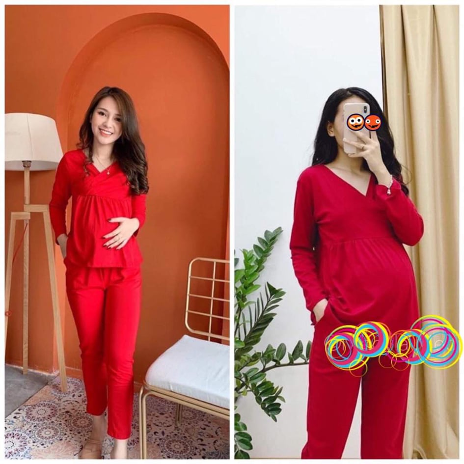 Bộ bầu và sau sinh dài tay vạt chéo, chất cotton 100%