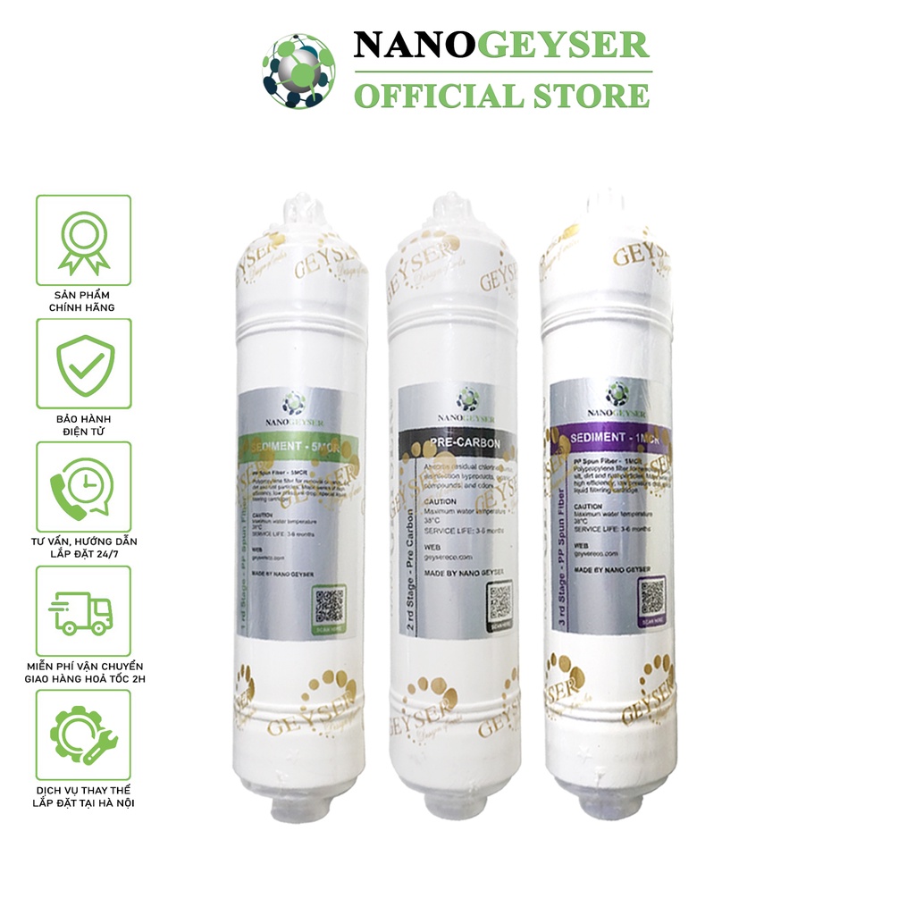 Bộ 3 lõi đúc máy lọc nước 123 dùng cho máy RO lõi đúc, Lõi Sediment 5MCR, Pre Carbon, Sediment 1MCR Nano Geyser