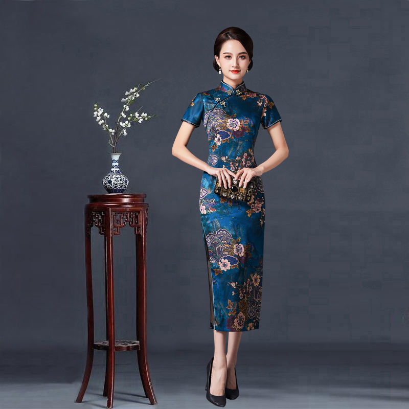 Đầm sườn xám thượng hải cải tiến dài trẻ trung xẻ tà hai bên