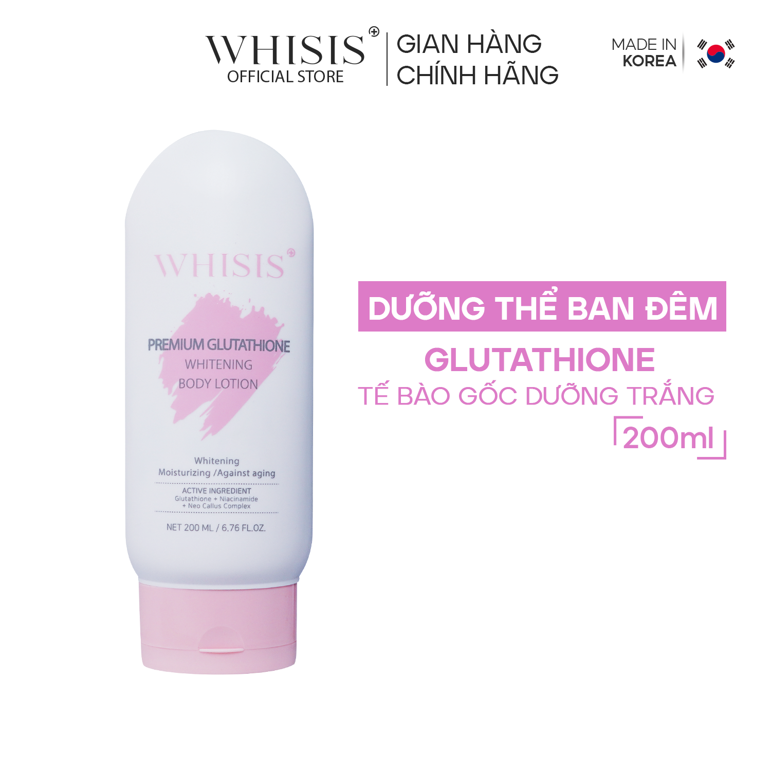 Kem dưỡng Body Kích Trắng - Tế Bào Gốc Whisis Premium Glutathione Whitening Body Lotion 200ml