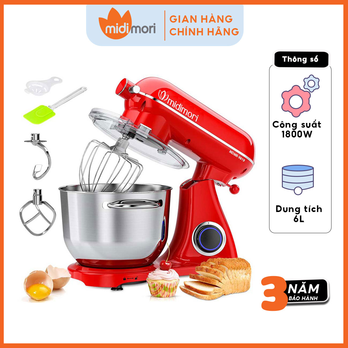 Máy nhào trộn bột thân khung thép Midimori, MDMR-9819A – Hàng chính hãng