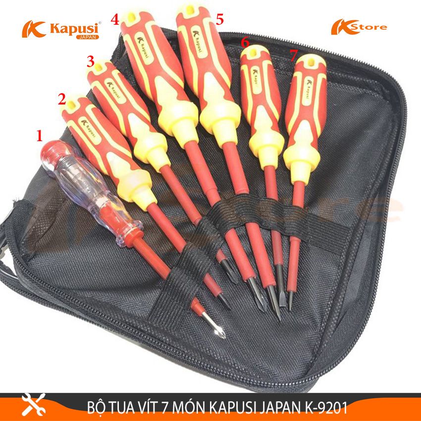 BỘ TUA VÍT (TÔ VÍT) 7 MÓN KAPUSI JAPAN K-9201, Bộ tuốc nơ vít điện, Bộ tua vít điện, Bộ tua vít đa năng, Bộ tô vít cách điện