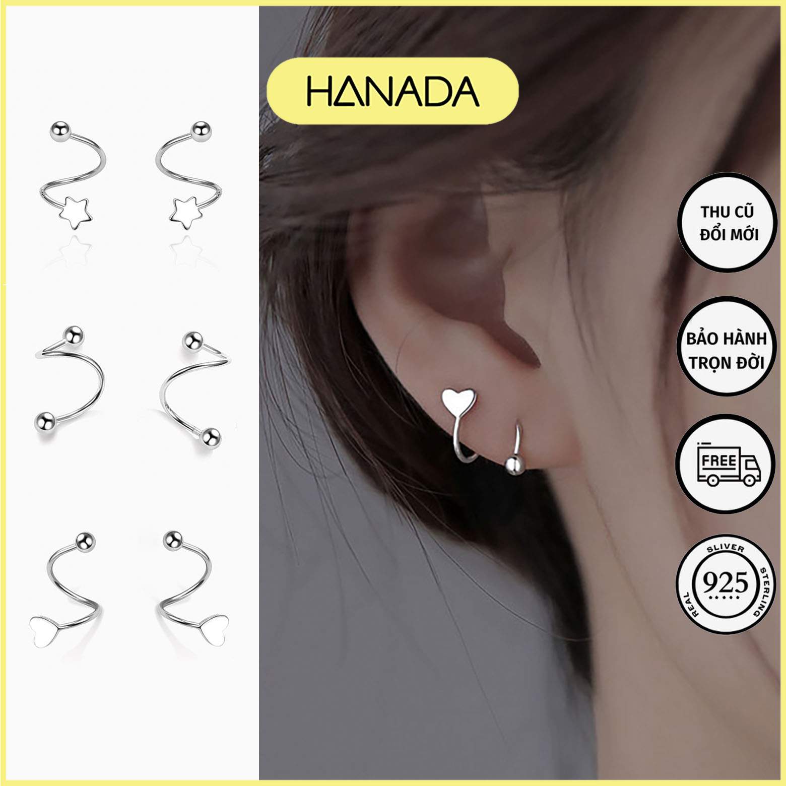 Khuyên Tai Bạc 925 Hanada Chốt Vặn Xoắn Ôm Vành Tai Bông Tai Trơn Cá Tính Nam Nữ 0888 A11