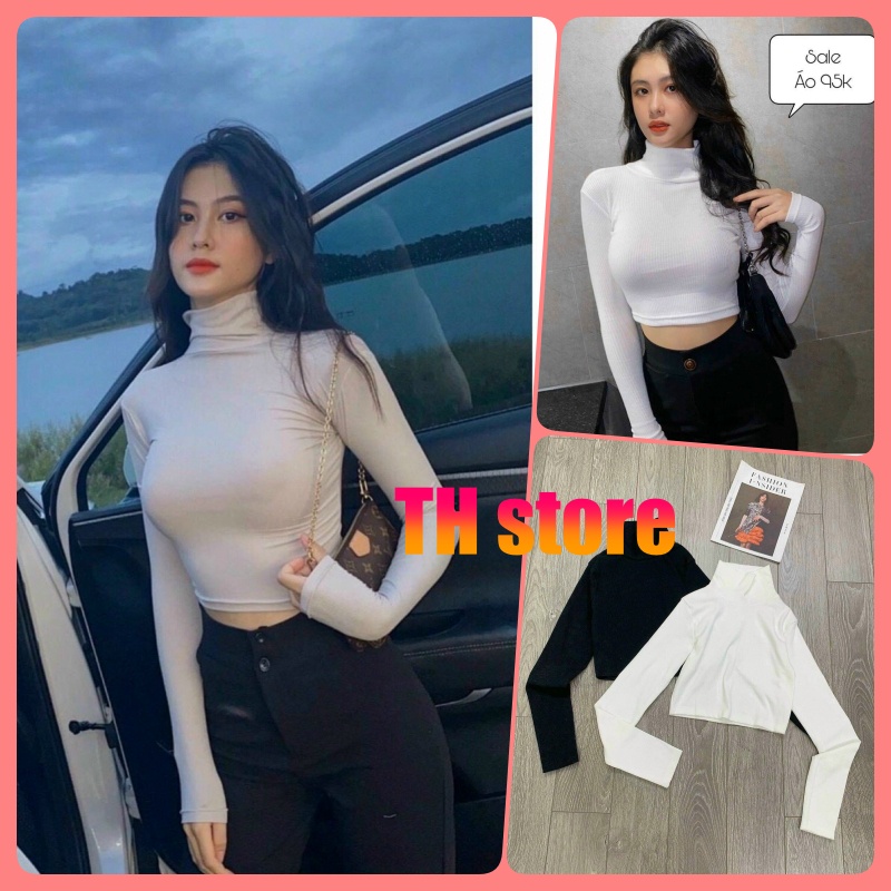 Áo croptop tay dài cổ trụ ôm eo body 2 màu đen trắng chất borip
