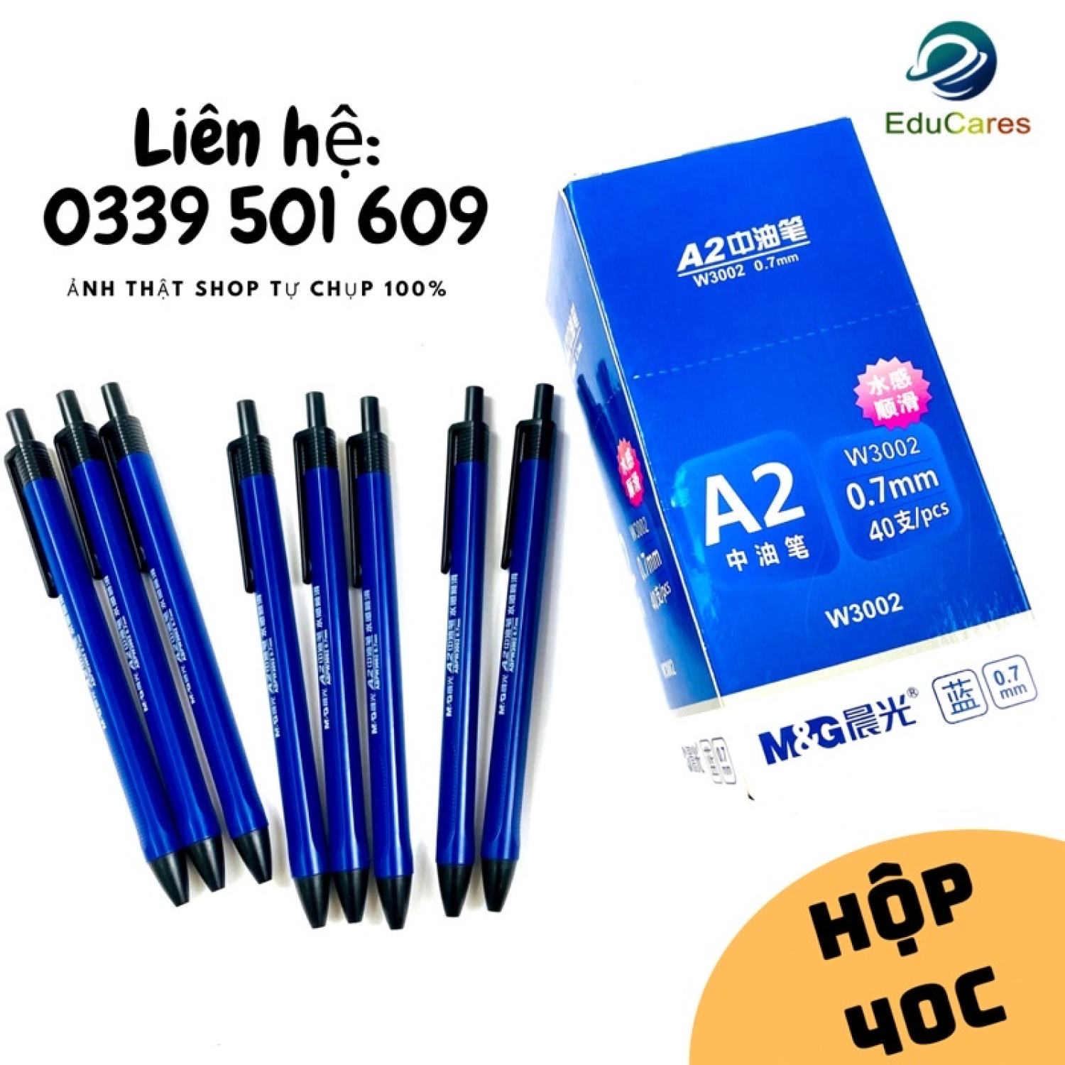 Hộp 40 bút bi bấm siêu trơn a2 mg w3002 mực dầu cao cấp ngòi 0.7mm màu xanh