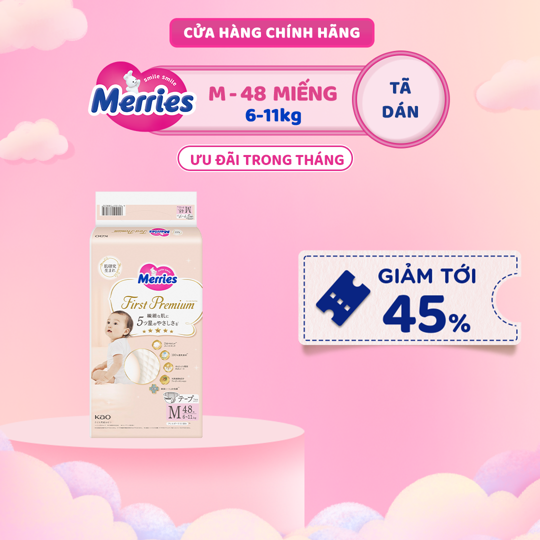 Tã/bỉm dán Merries First Premium Size NB66/S60/M48