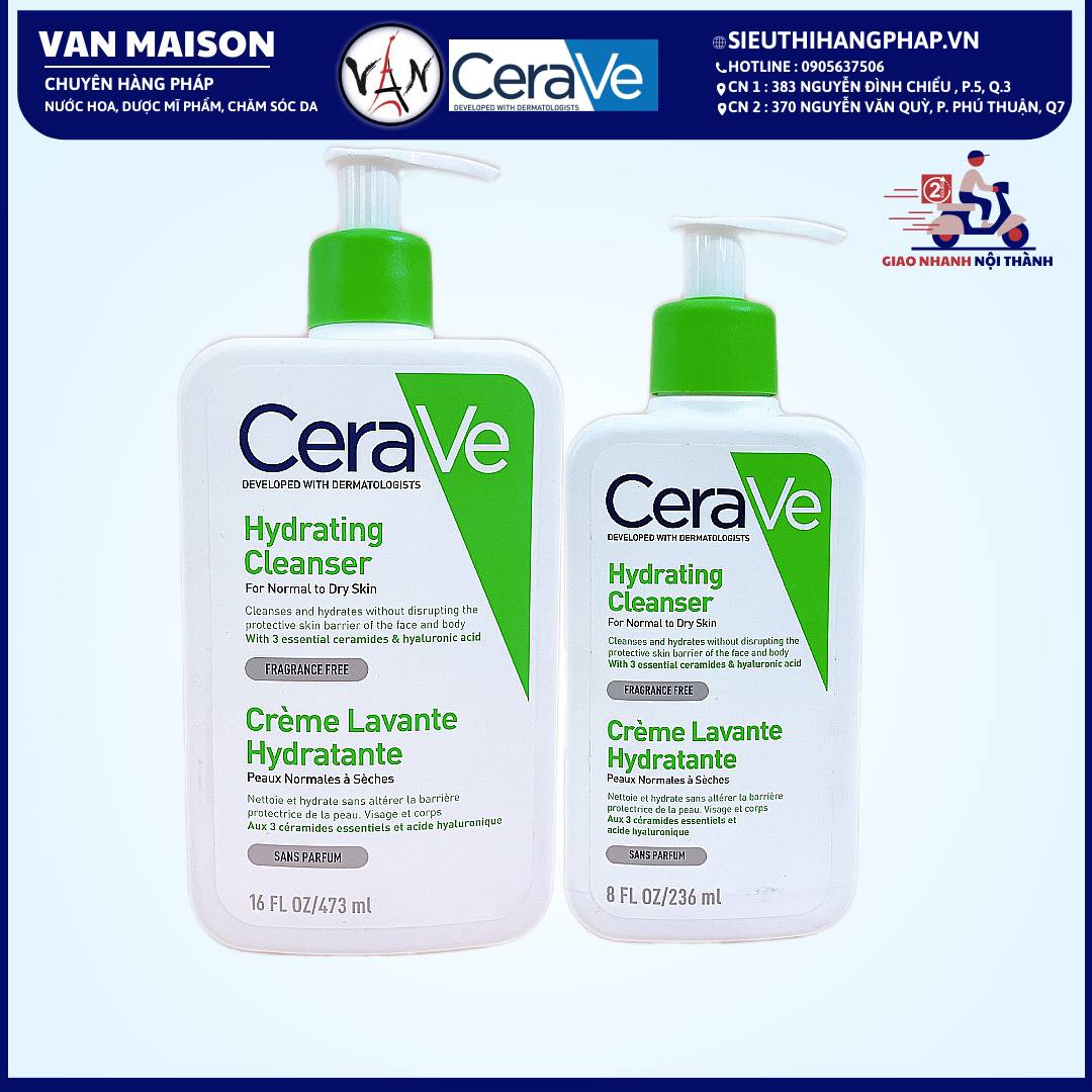 Sữa rửa mặt cerave hydrating cleanser dành cho da thường và da khô 236ml, 473ml - Phiên bản Pháp