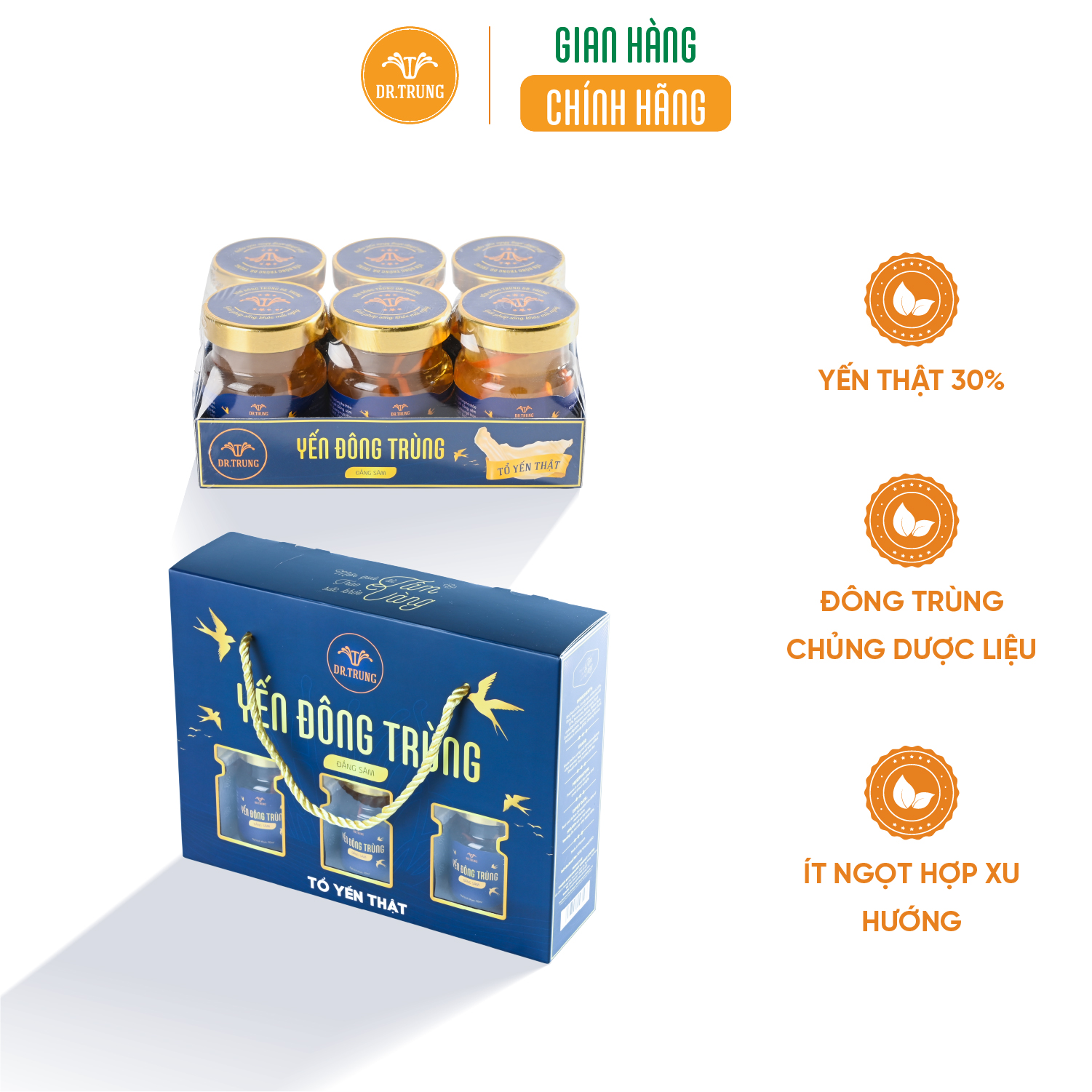 Dr. Trung - Yến sào Đông trùng hạ thảo đẳng sâm. Yến ven biển miền Trung, tỉ lệ Yến thật 30%. Ít ngọt, phù hợp cho người ăn kiêng