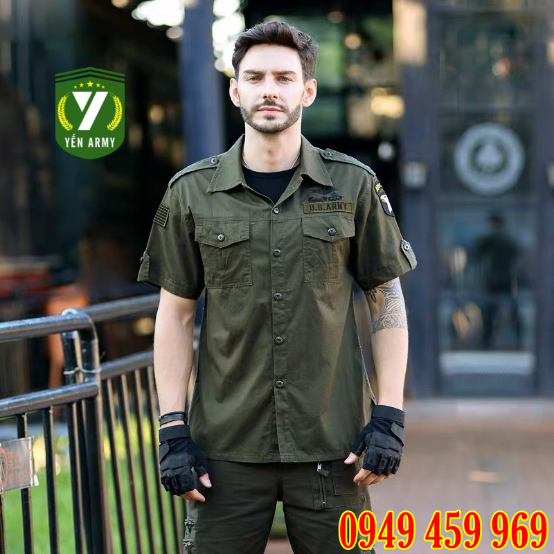 Áo Sơ Mi Lính Nam Cộc Tay Túi Hộp Màu Xanh Rêu - Mã A117