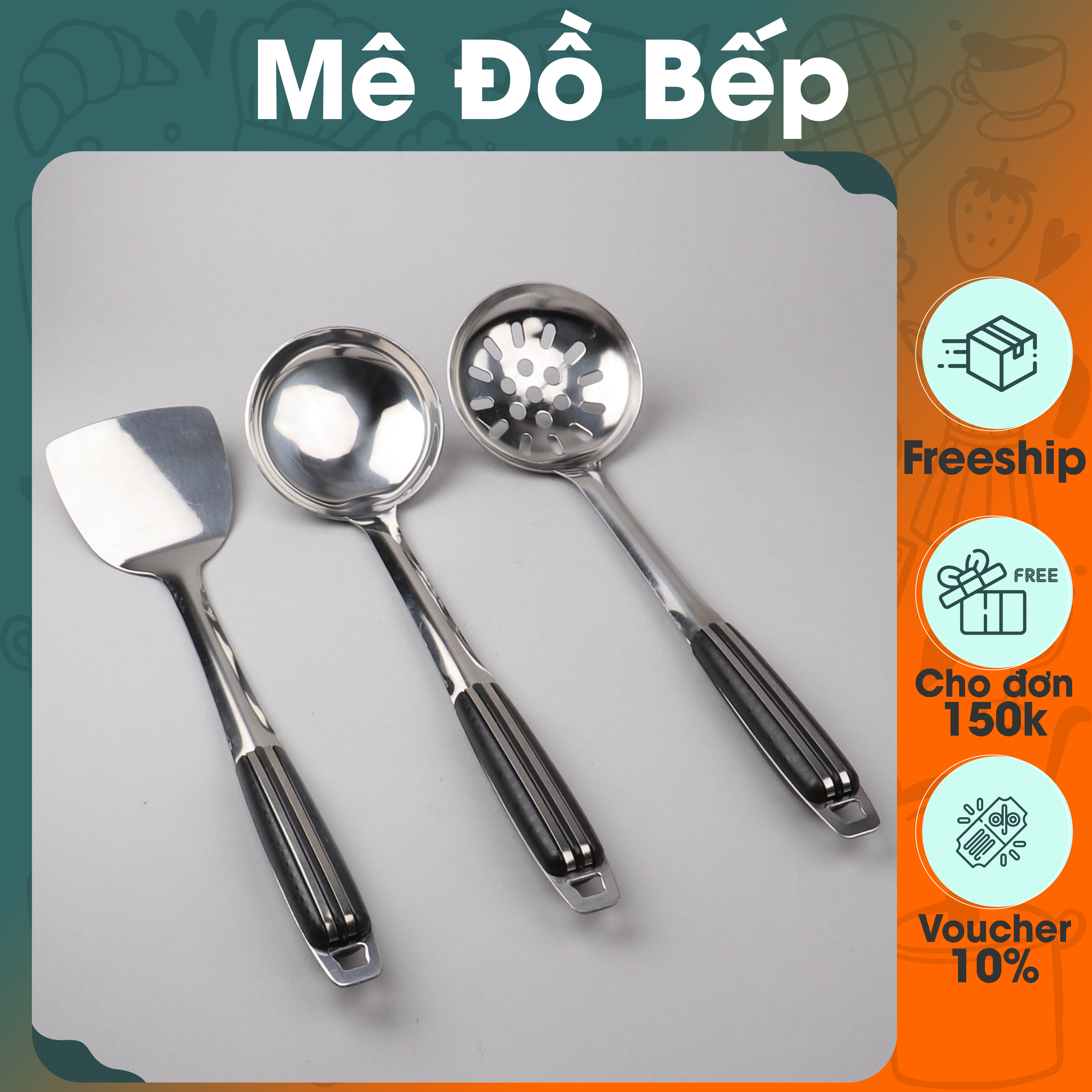 Set Xẻng đặc, Vá đặc, Vá lỗ inox Bam House cán nhựa đen cao cấp siêu bền SCD15 - Gia dụng bếp