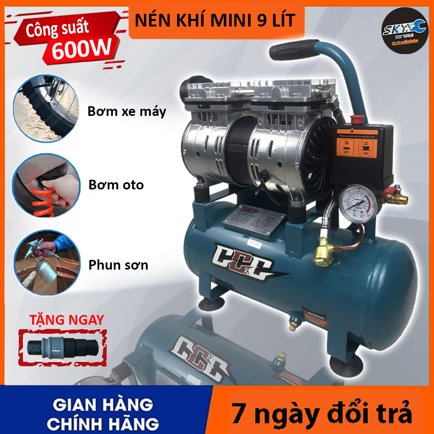 (Màu xanh SKY-9l ) Máy nén khí không dầu 9l, Bình hơi mini nén khí không dầu, Máy nén khí không dầu, ít ồn, Bình hơi , phun sơn, phun xịt hơi , bơm hơi , xì khô, tặng đầu nối nhanh, Bảo hành 6 tháng