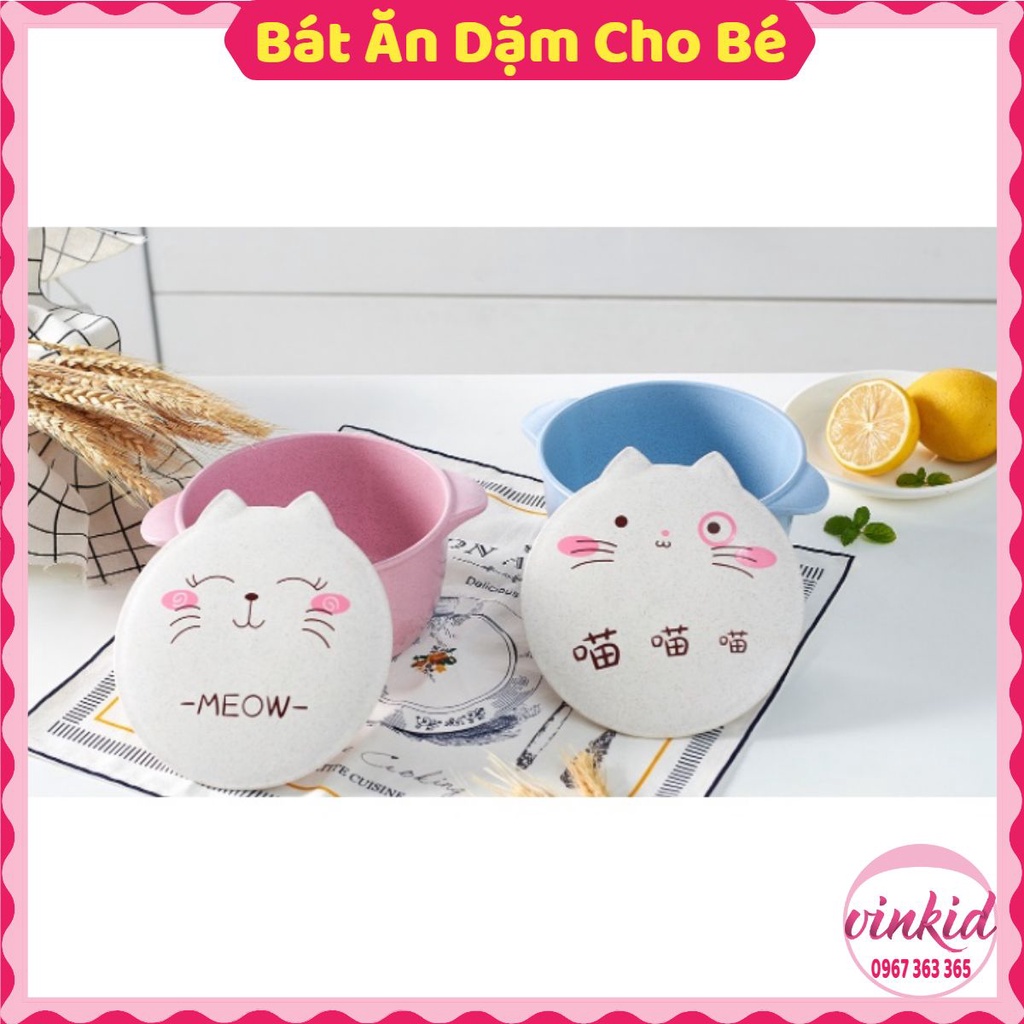 Bát ăn dặm lúa mạch cho bé có nắp đậy an toàn hình mèo dễ thương làm bát ăn cơm bé rất thích VINKID
