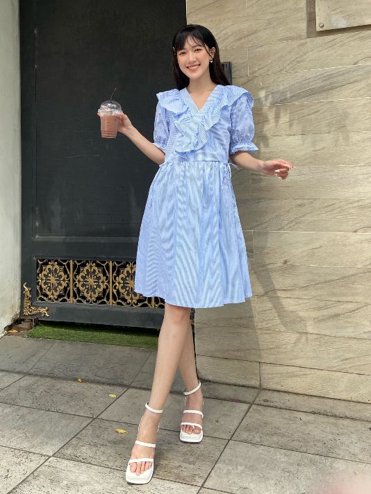 Đầm kiểu nữ phối bèo cổ v màu xanh - lovadova 22d07c005