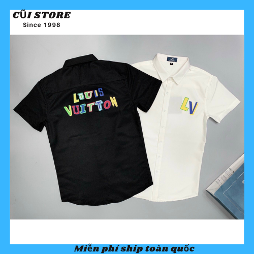 Áo sơ mi nam ngắn tay màu trắng cao cấp giá rẻ in L.V vải kate lụa bóng nhẹ mặc mát không nhăn form vừa xuất khẩu CŨI001