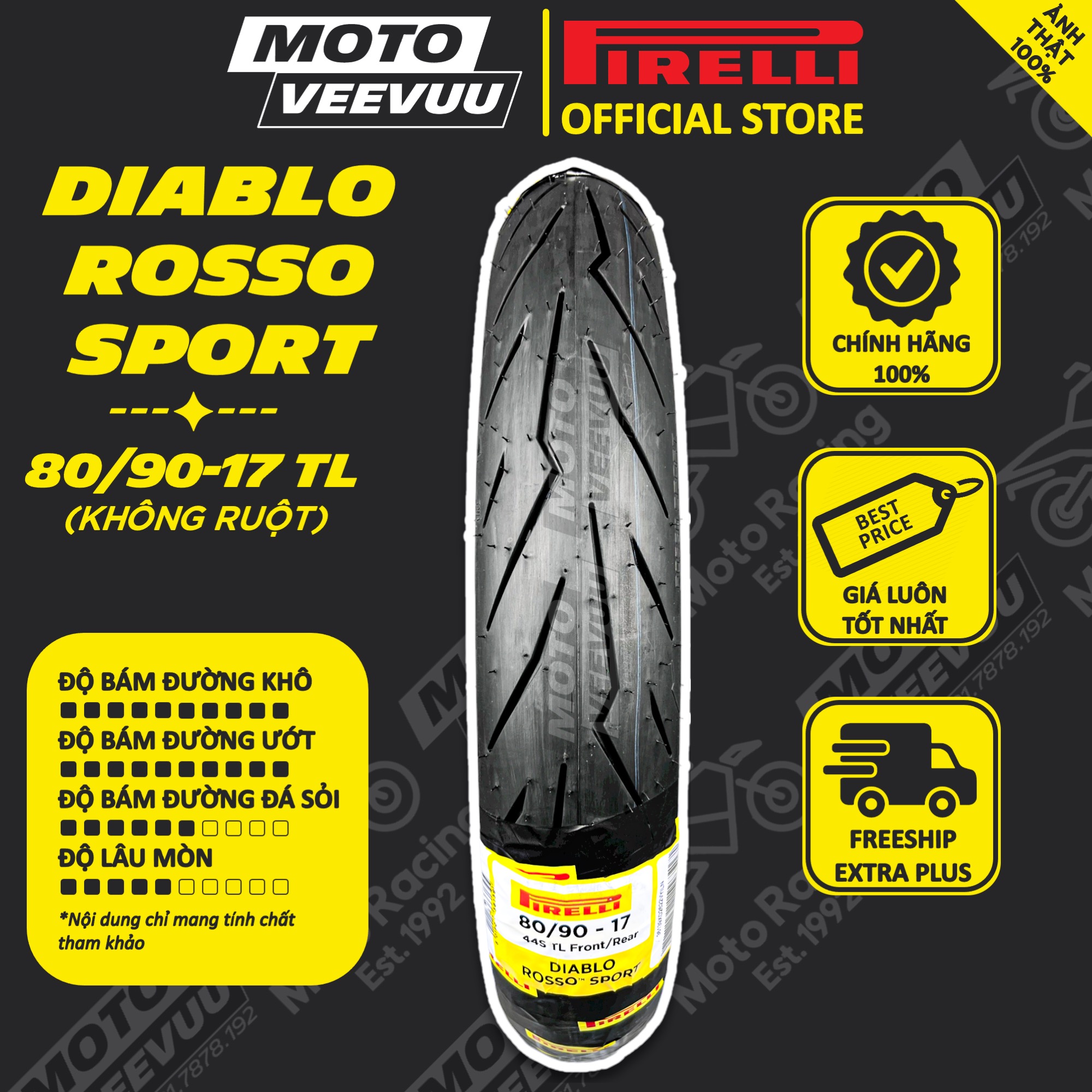 Vỏ lốp xe máy PIRELLI 80/90-17 TL Diablo Rosso Sport (Lốp không ruột)