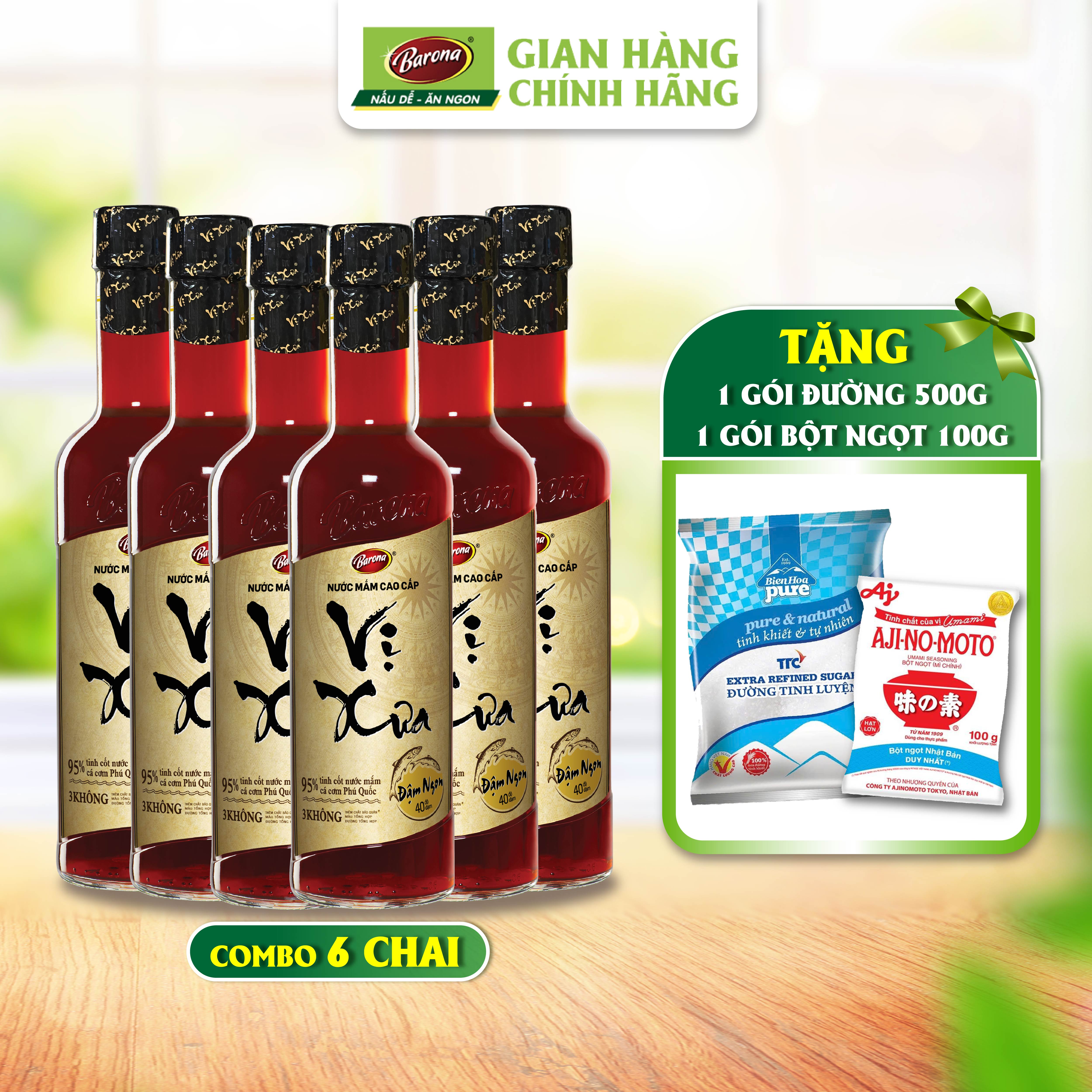 1 Thùng (6 chai x 500ml) Nước Mắm Phú Quốc Cao Cấp Vị Xưa Barona 40 độ đạm +  [tặng 500g đường và 100g bột ngọt]