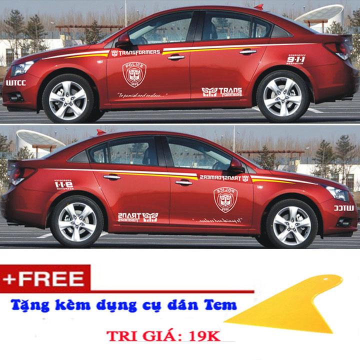 Bộ Tem dán 2 bên sườn Ô tô mẫu D-80 - Tặng kèm dụng cụ dán Tem - Mầu Trắng Vàng