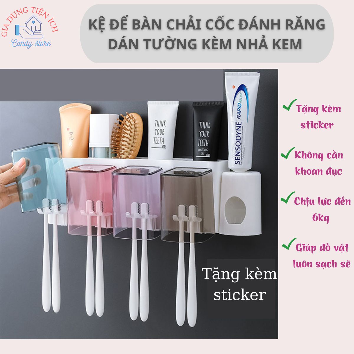 Kệ treo cốc và bàn chải kem đánh răng,bộ nhả kem đánh răng tự động kèm cốc dán tường, giá đựng bàn chải đánh răng