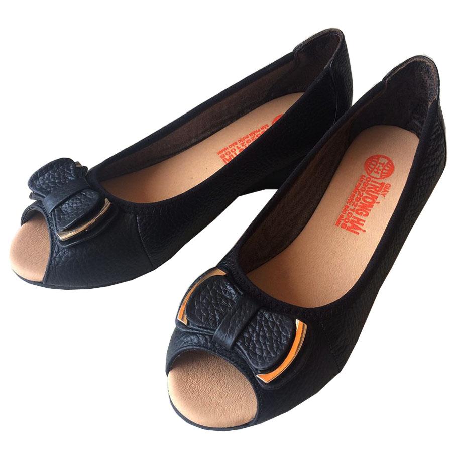 Giày đế xuồng nữ hở mũi cao 4cm da bò cao cấp THDX280