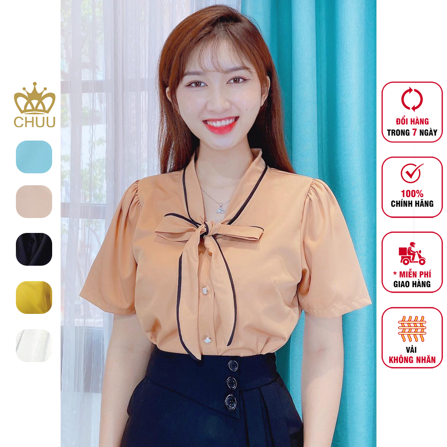 Áo sơ mi nữ công sở tay ngắn cổ nơ vải mát CHUU A5352