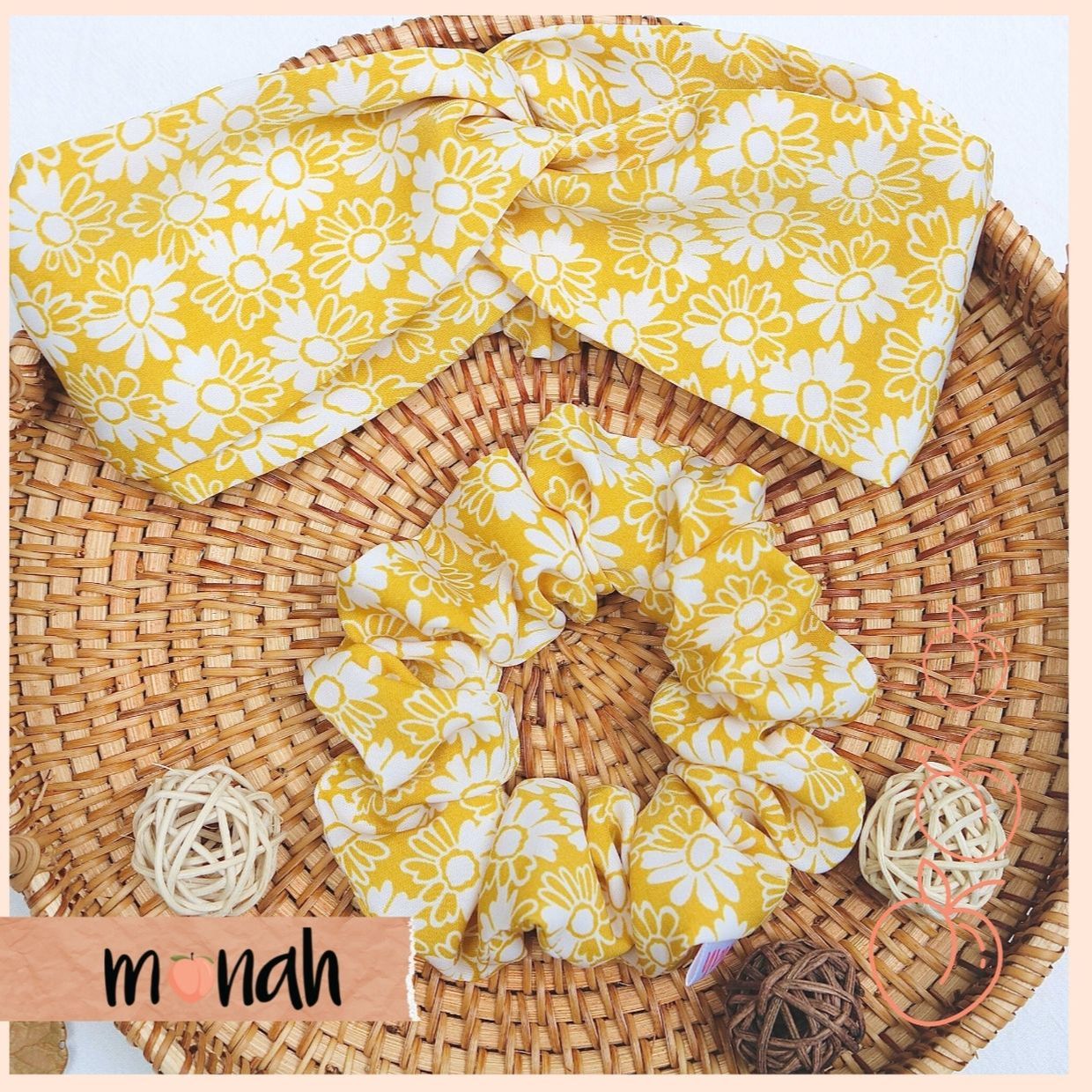 Combo dây buộc tóc, cột tóc scrunchie và turban băng đô nữ hoa vàng nhí lụa mịn