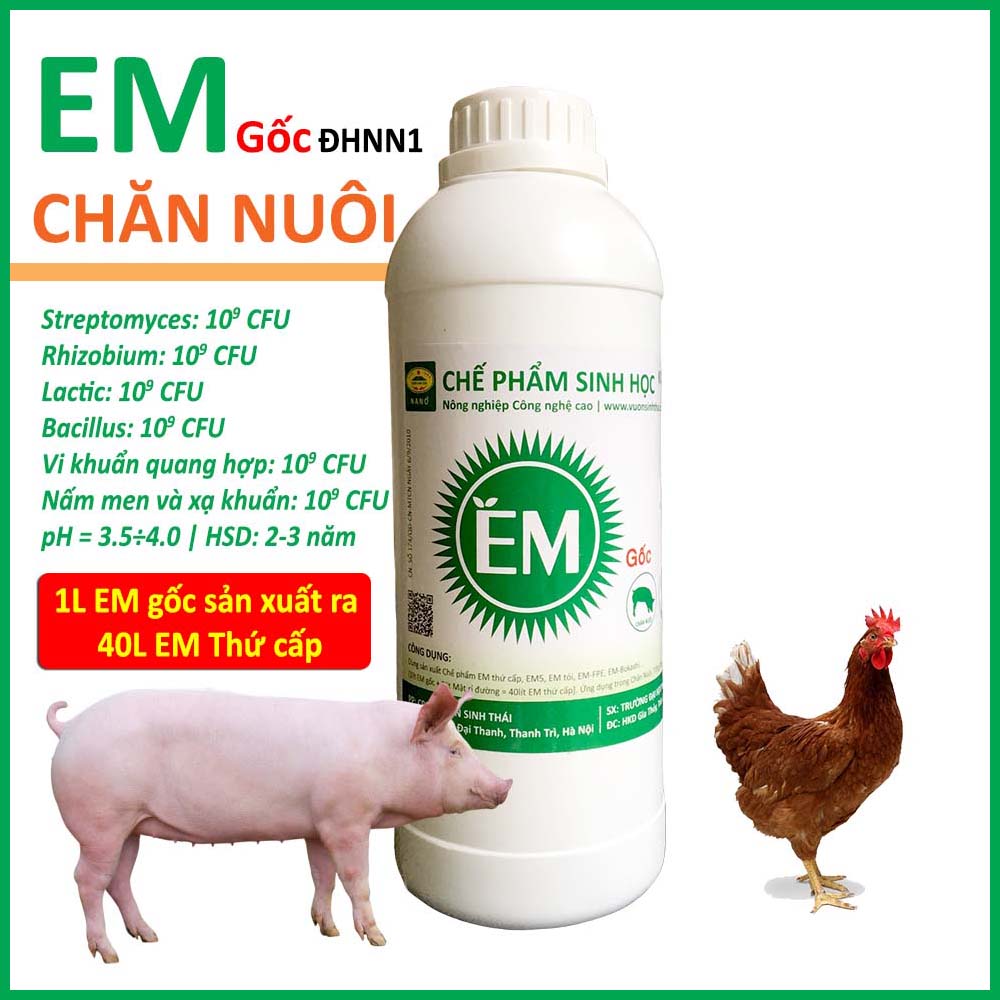 Chế phẩm sinh học EM gốc CHĂN NUÔI. Lên men ủ chín thức ăn, xử lý mùi hôi chuồng trại. Men Vi Sinh Đại Học Nông Nghiệp 1 Hà Nội. Từ 1 lít EM1 sản xuất ra 40 lít thứ cấp. HSD 2 năm